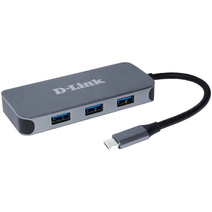 Хъб USB D-LINK DUB-2335, USB Type C, Кабел 10 см, Металик/Сребрист