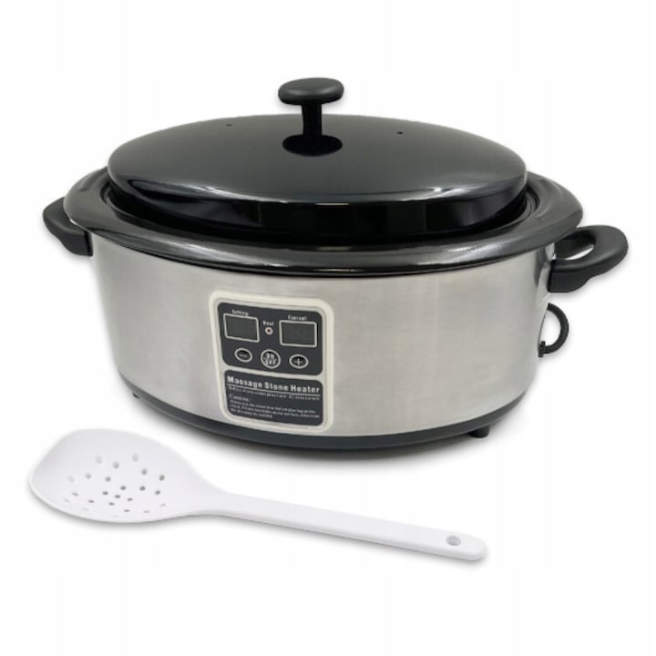 Incalzitor profesional pentru pietre de masaj cu lingura Acus Med 6 litri 750 W argintiu negru aparat spa terapie relaxare wellness uniform incalzire durabil