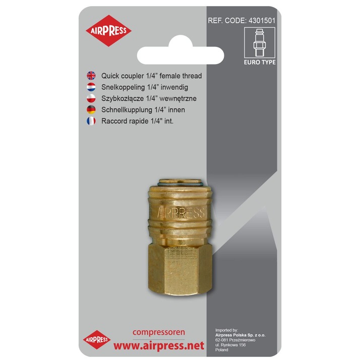 Gyorscsatlakozó menettel, Airpress, sárgaréz, 1/4 hüvelyk, 15 bar, arany