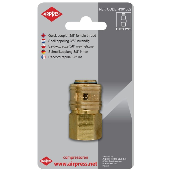 Gyorscsatlakozó menettel, Airpress, sárgaréz, 3/8 hüvelyk, 15 bar, arany