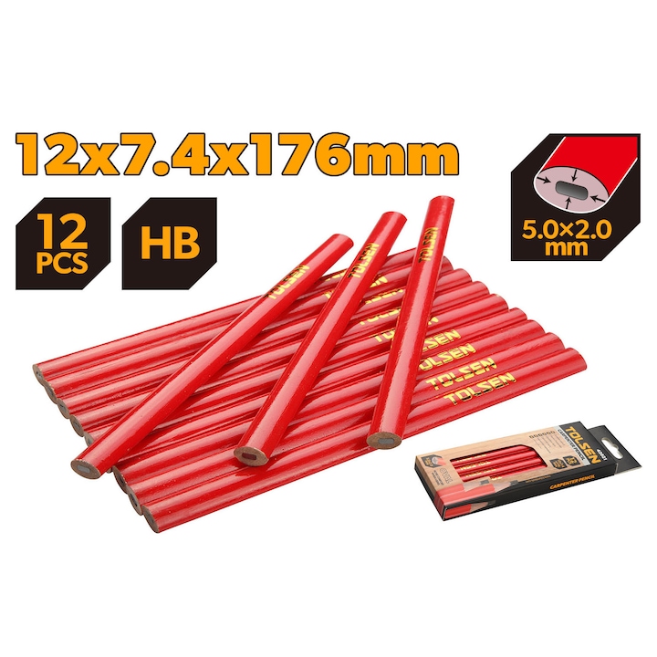 Set 12 creioane tamplarie TOLSEN 12x7.4x176mm, forma ovala, grafit 5x2mm, rezistente si usor de ascutit, ideale pentru marcaj pe lemn, caramida, beton si alte suprafete dure