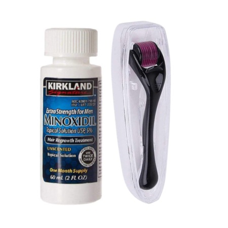 Set pentru cresterea parului, Solutie Kirkland Signature 5%, 1 luna aplicare, 60 ml, Dermaroller cu carcasa protectoare, 0.75 mm, pipeta inclusa