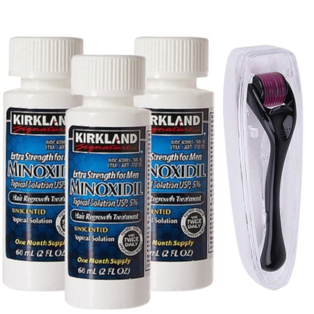 Set pentru cresterea parului si a barbii, Solutie Kirkland Signature 5%, 3 luni aplicare, 180 ml, Dermaroller cu carcasa protectoare, 0.5 mm