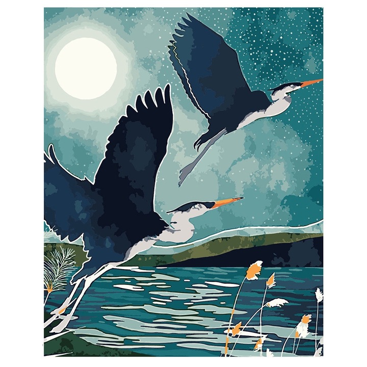 Set pictura pe numere Artnapi, Starci langa lac, 40x50cm, Rama de lemn