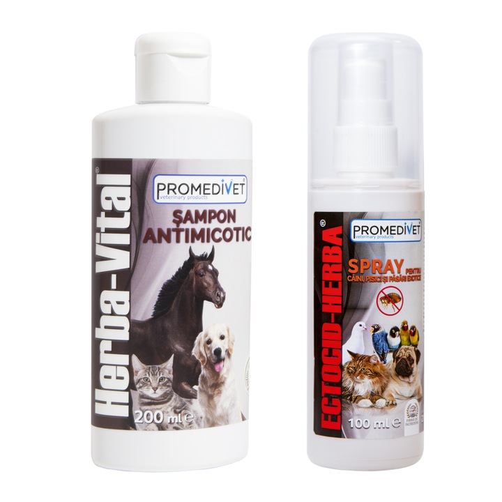 Pachet Spray Antiparazitar Ectocid Herba Spray impotriva Capuselor, Puricilor si Paduchilor, 100 ml si Sampon Antimicotic 200ml, pentru Caini si Pisici