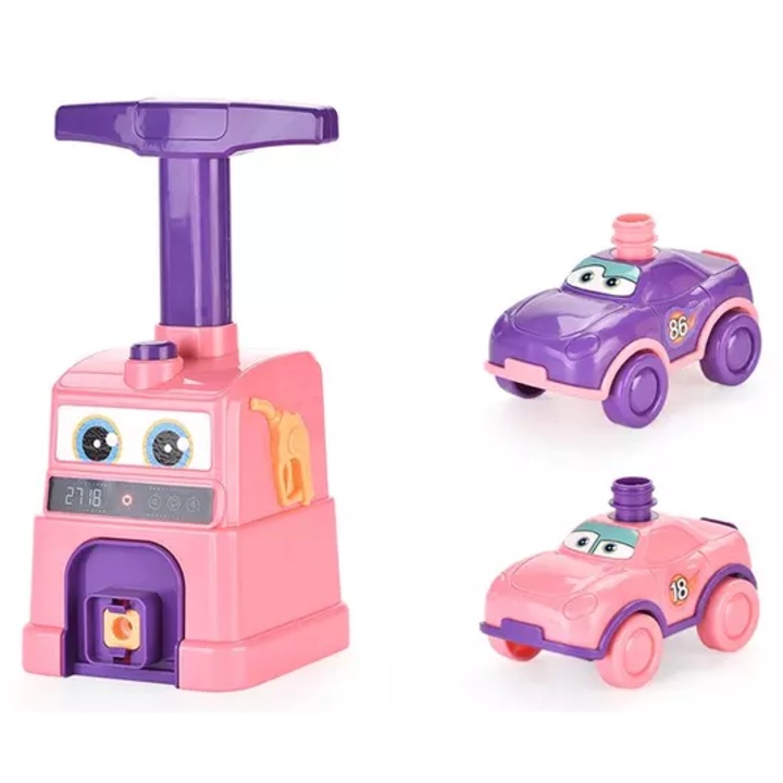Set Interactiv Lansator Masinute cu Baloane, 2 Masinute, 8 Baloane Incluse, 29.8x28.2x12 Cm, Margini Rotunjite, Pompa Manuala, Inel de Etansare, Roz, + 3 Ani, Utility One