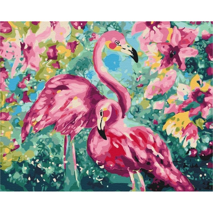Set pictura pe numere Artnapi, Flamingo in flori, 40x50cm, Rama de lemn