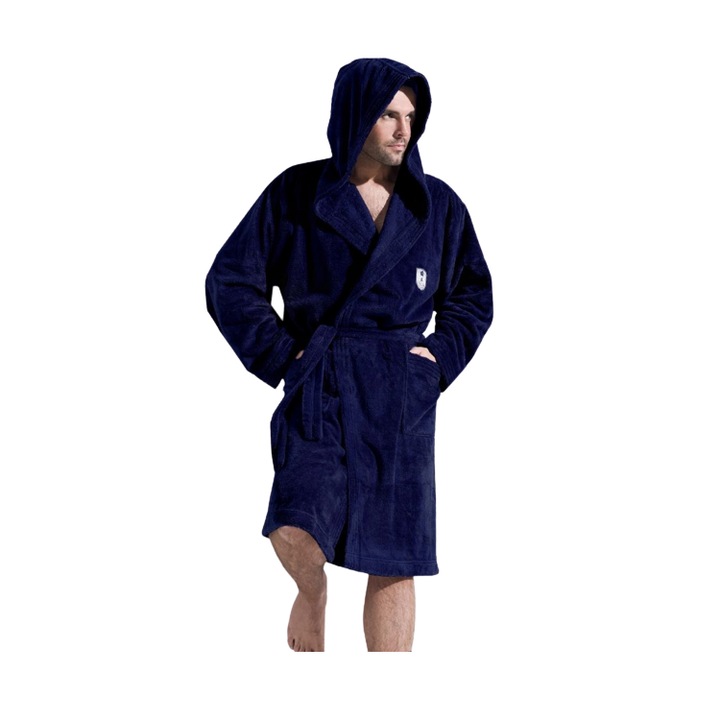 Halat de baie pentru barbati cu gluga, model Iwo, din poliester premium, culoare albastru inchis, marime L