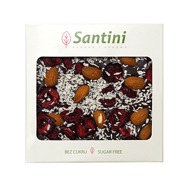 Ciocolata neagra cu cirese/nuca de cocos, Santini, Fara zahar, 80 g