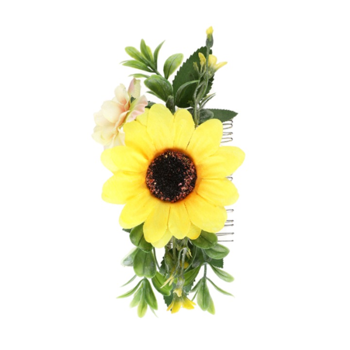 Elegáns hajkiegészítő, CRM, fésű virágokkal, sárga/zöld, 17 cm