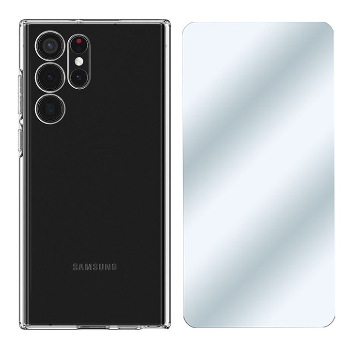 Szilikon burkolat és védőfólia készlet Samsung Galaxy S23 Ultra, Ultra Safe Camera, Ultra Protect Tech, Transparent készülékekhez
