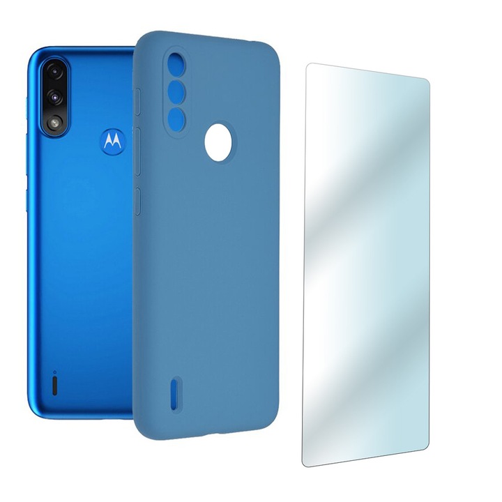 Set Husa din silicon si Folie protectie pentru Motorola E7Power, Camera individuala Ultra Safe, Albastru