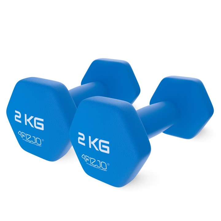 Öntöttvas súlyzók, 2 x 2 kg, 4FIZJO, tartós és kiváló minőségű anyagok, tökéletesen illeszkedik a kézbe, hatszögletű forma, gumibevonatú, testépítés, fitness, torna, neoprén, öntöttvas, 17 x 7 x 7 cm, Kék