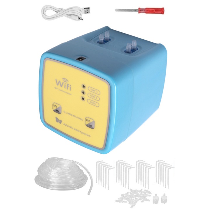Kit de irigat la radacina plantelor, Florilor, WIFI, Dispozitiv de udare automata smart, pentru 20 Ghivece, Jardinere, 2 Pompe, Programator irigare, Aplicatie IOS si Android Smart Life