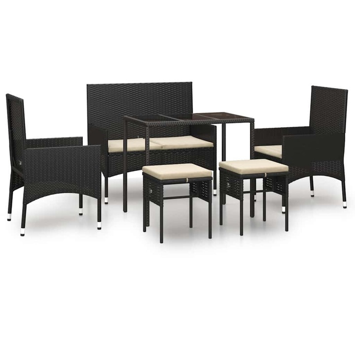 Set mobilier de gradina cu perne vidaXL, 6 piese, negru, poliratan, 26.8 kg