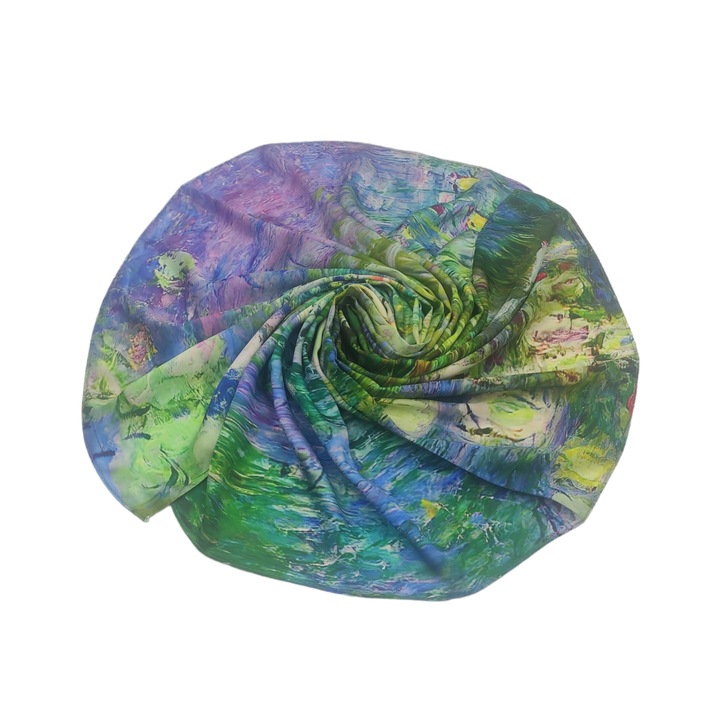 Esarfa patrata din matase, imprimeu albastru alb verde, dupa o pictura cu nuferi, 70 x 70 cm