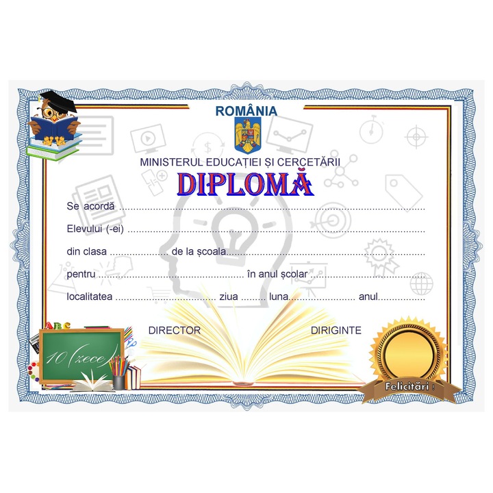 Diploma scolara, model 1, format A4, carton 300 grame