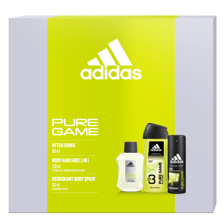 Set pentru barbati, Adidas Pure Game, After Shave 100 ml, Deodorant Spray 150 ml si Gel De Dus 250 ml
