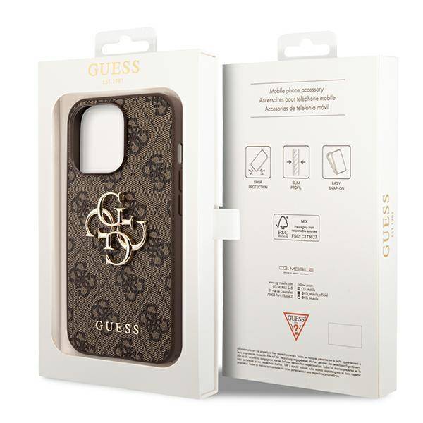 Husa de protectie Guess cu logo metalic PU 4G pentru iPhone 14 Pro, Maro