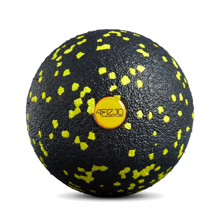 Masszázslabda, 4FIZJO, deformációnak ellenálló és könnyen tisztítható, univerzális, nagy keménységű, fájdalomcsillapító és segít a fájdalmas triggerpontok ellazításában, kis méret és áramvonalas forma, EPP hab, 8 cm, Fekete/sárga