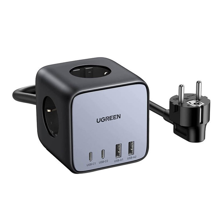 Удължител UGREEN, 220V, AC 3680W, Quick Charger 2x USB-A, 1x USB-C, 30W, Черен