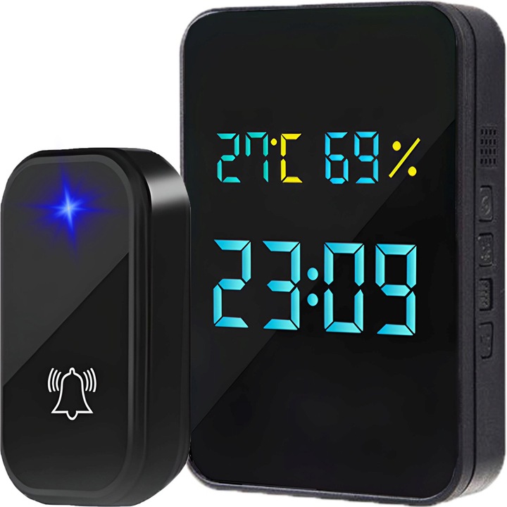 Soneria Fara Fir Retoo HomeSmart, 38 Melodii, 100dB, Raza 200m, IP44, 433,92mHz, Reglaj Volum 4 Trepte, Afisaj Ora/Temperatura/Umiditate, Alimentare AC85-260V, Negru, Instalare Usoara, Design Modern, Durabila, Anti-interferente, Consum Redus, Compacta