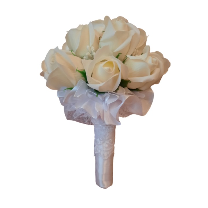Buchet trandafiri albi, parfumati, mireasa, nunta, hand made
