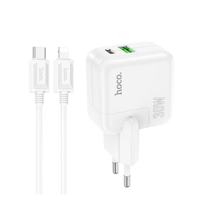 Incarcator Retea Hoco USB Fast Charge 18W, USB C 30W, Cablu USB-C La Lightning Inclus, C111A, Alb