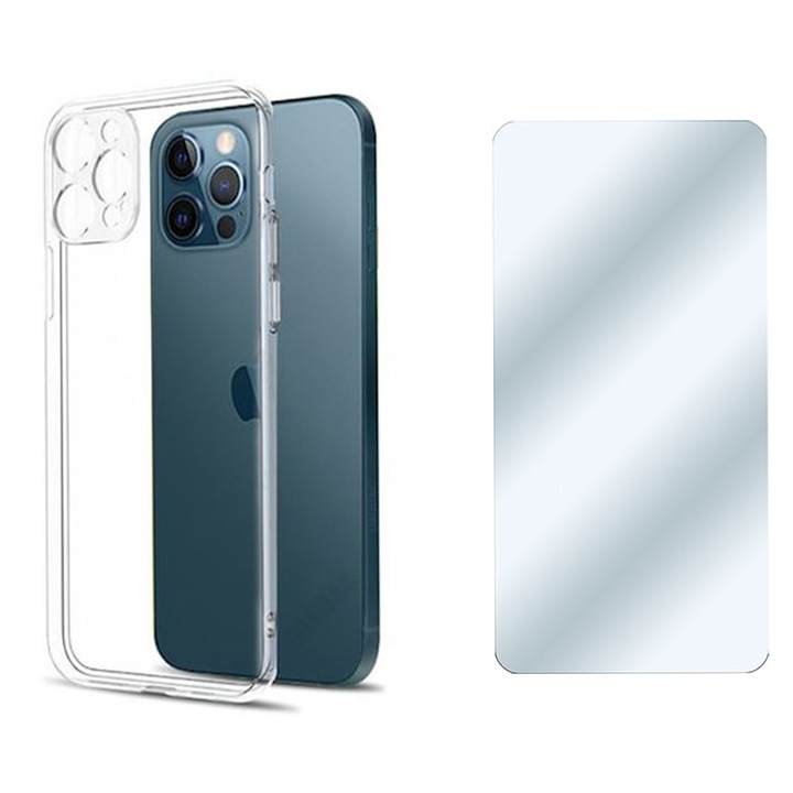 Set Husa din silicon si Folie protectie pentru Apple Iphone 14 Pro, Transparent