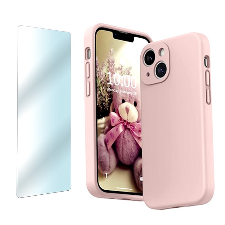 Set Husa din silicon si Folie protectie pentru Apple iPhone 13, Interior Microfibra, Roz