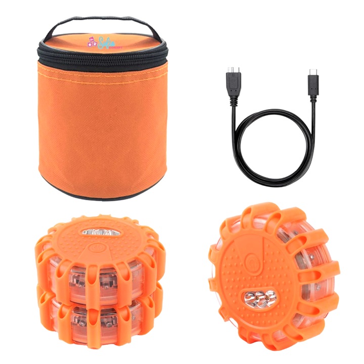Kit 3 Lampi de Avertizare in Caz de Urgenta cu LED, SofiaCONCEPT®, Waterproof, 650 mAh, Usb, 9 Moduri de Lumina, Magnet, Carlig, Rezistent Impact, Geanta Transport, Orange