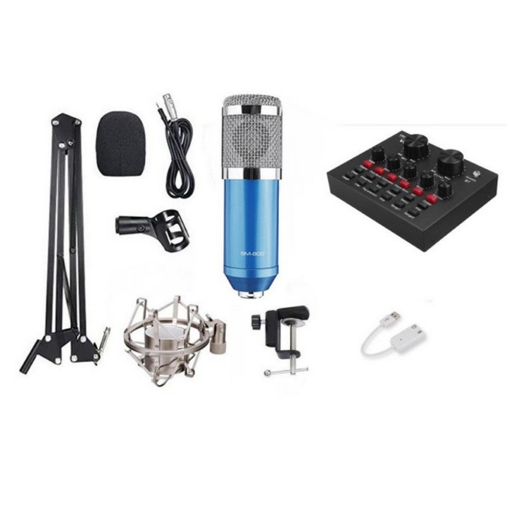 Set Microfon Condenser Cu Suport De Soc Metalic Silver Si Stand Placa De Sunet Multifunctionala Bluetooth Mixer - Albastru