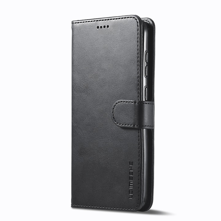 Калъф за Samsung Galaxy S24 Plus, кожен, тип портфейл, магнитно закопчаване, стойка, мека подложка в цвета на калъфа закопчаване, кадифена текстура, Черно