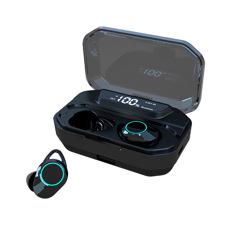 Casti wireless HIMEKO, rezistente la apa, Bluetooth 5.0, microfon incorporat, powerbank si stativ telefon cu display LED inteligent, capacitate 3300mAh, touch control, pairing automat, negru