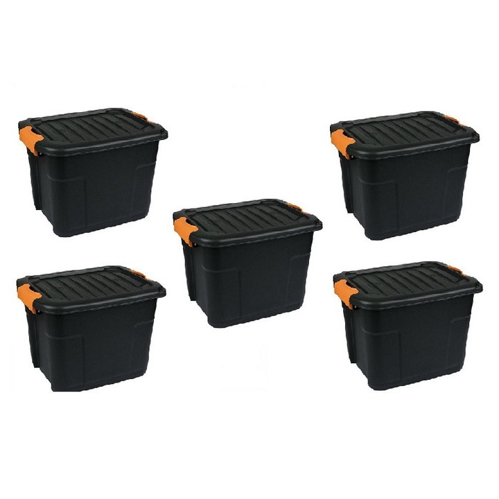 Set 5 cutii depozitare cu capac pentru interior/exterior, capac blocabil, stivuibile, rezistenta la frig si inghet, 20 litri, negru, 39x30x28cm