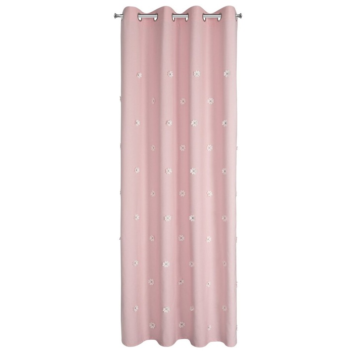 Завеса Eurofirany ELSA, Метални халки, розово с бродирани цветя, 140x250 см