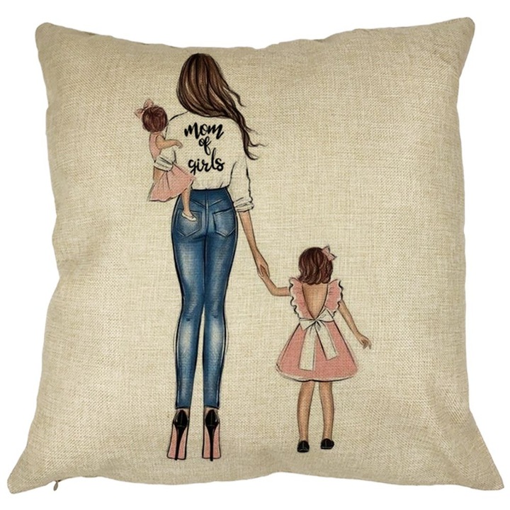 Mom of Girls négyzet alakú díszpárna, 40x40 cm, levehető huzat, fújtató