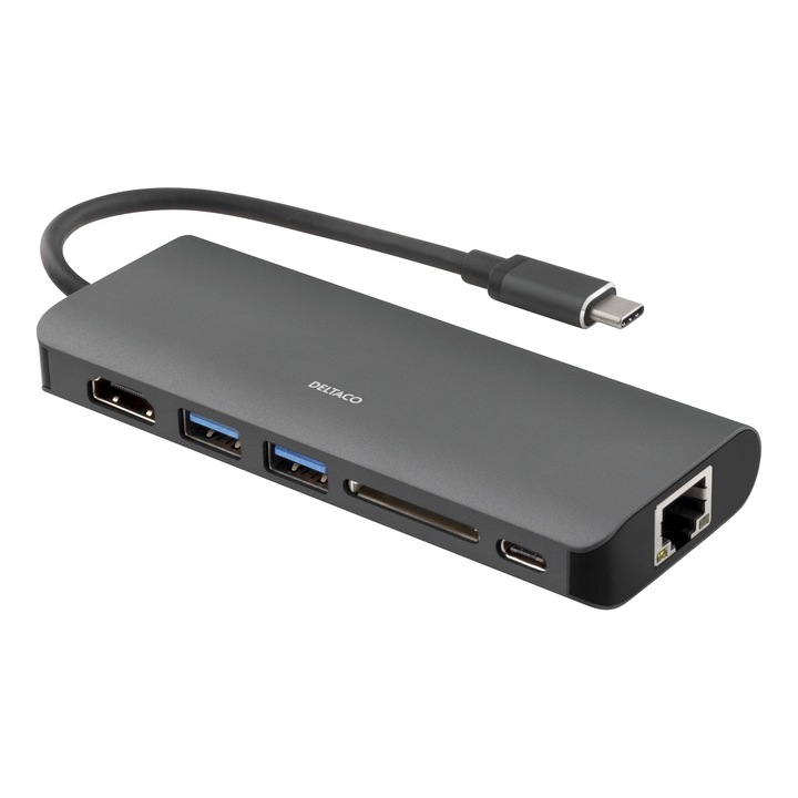DELTACO USB-C докинг станция с HDMI, RJ45, 2x USB-A, USB-C порт за зареждане, четец на карти, сив