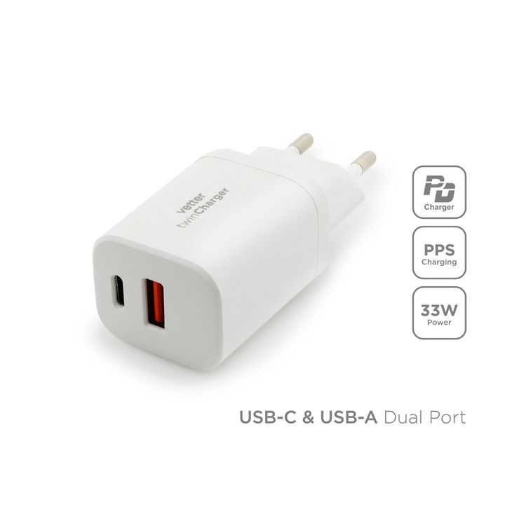 Incarcator de priza Twin Charger, PD si PPS, Dual Port, 33W