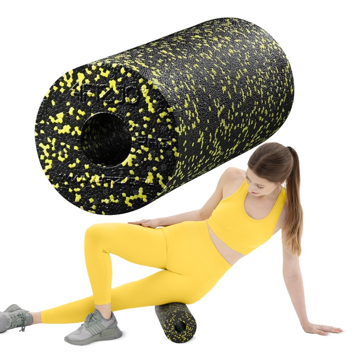 Rola pentru masaj, pentru masajul gambelor, coapselor si feselor, rola dura, pentru relaxarea musculara dupa antrenament, 4FIZJO, 33 x 15 cm, Spuma Epp, Galben/Negru