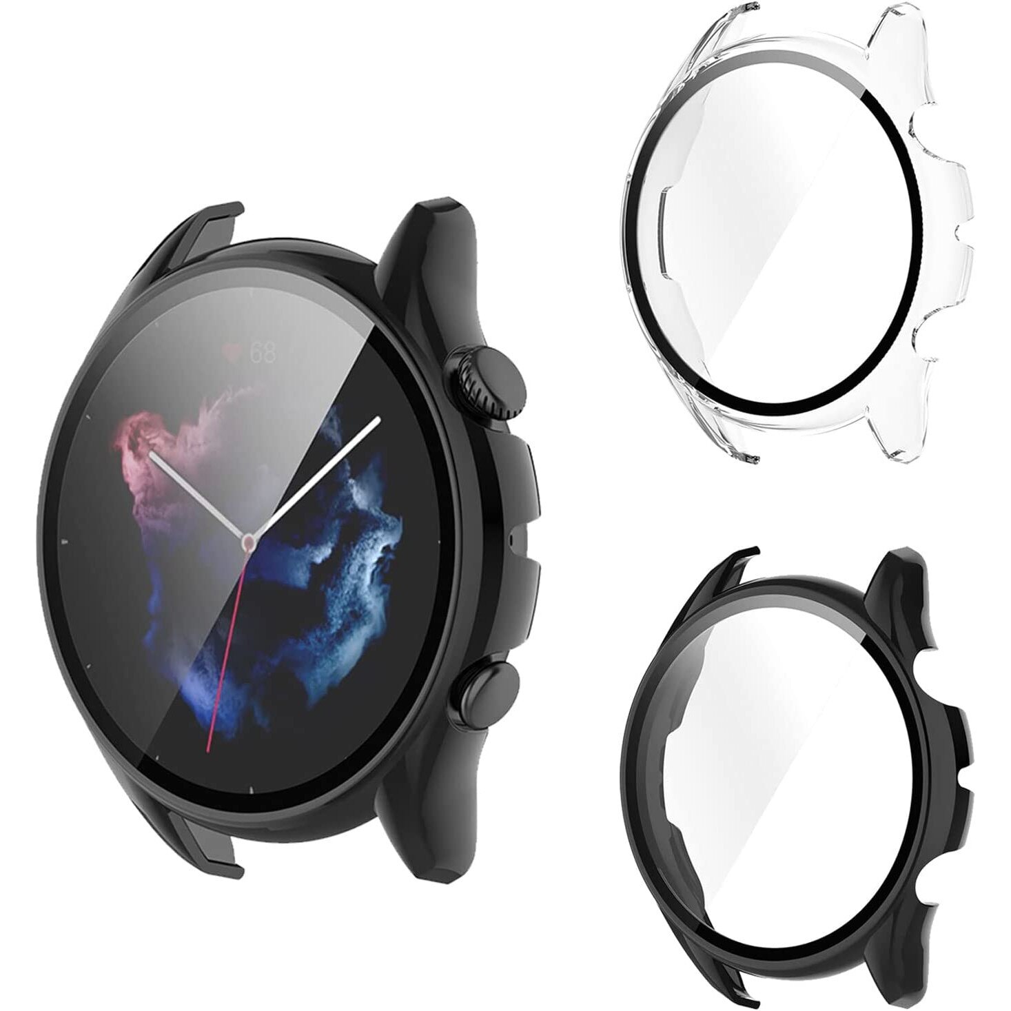 Set 3 huse protectie smartwatch, Policarbonat/Sticla securizata, Compatibil  cu Garmin Venu 2, Negru/Transparent 