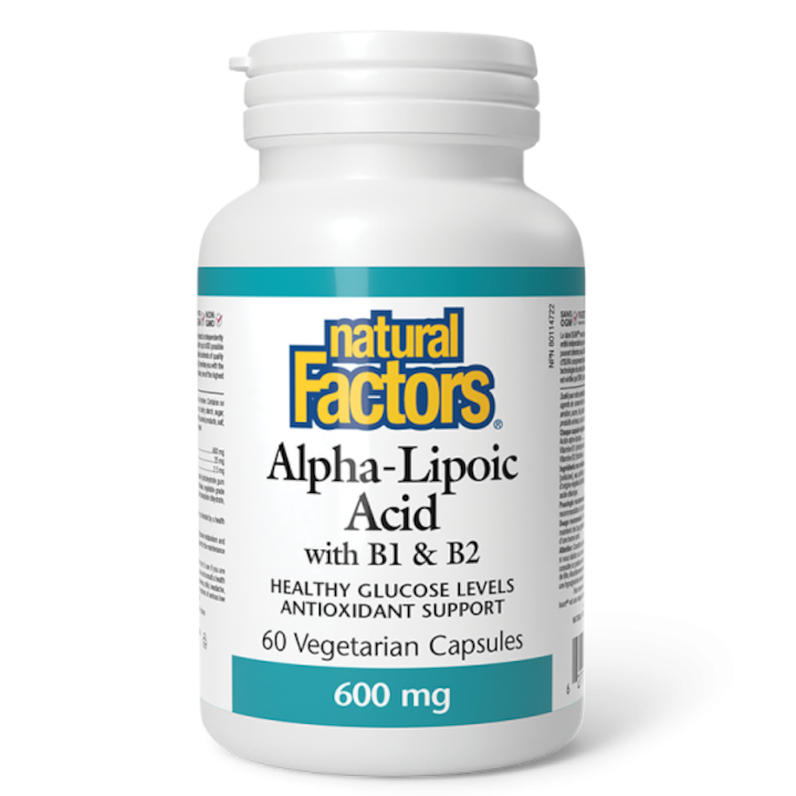 Supliment alimentar, Natural Factors, Acid alfa lipoic, 600 mg + vitamina B1 si B2, 60 capsule
