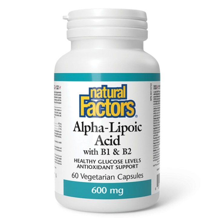 Supliment alimentar, Natural Factors, Acid alfa lipoic, 600 mg + vitamina B1 si B2, 60 capsule