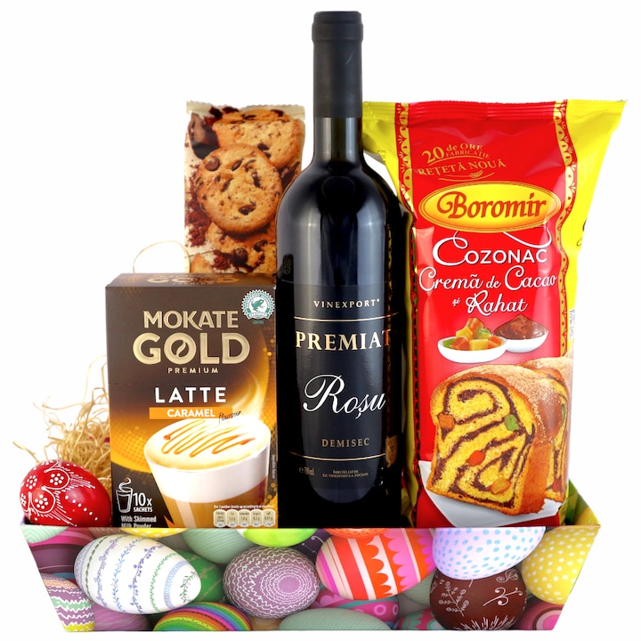 Húsvéti ajándékkosár vörösborral, muffinnal, Mokate Gold latte karamellel, csokis sütivel és kézzel festett fa tojásdíszítéssel