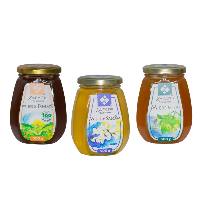 Set 3 borcane de miere Zarand, 3 x 500 g, Salcam, Tei si Faneata