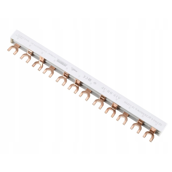 Busbar tripolar scurt, Bemko, Cupru, 12 module, Alb
