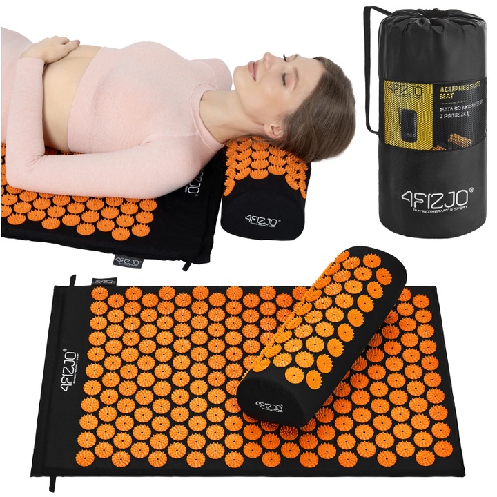 Covoras de presopunctura scurt cu perna, pentru dureri musculare si de spate, recuperare dupa antrenament, 4FIZJO, 68x42cm, ABS/Bumbac, Negru/Portocaliu