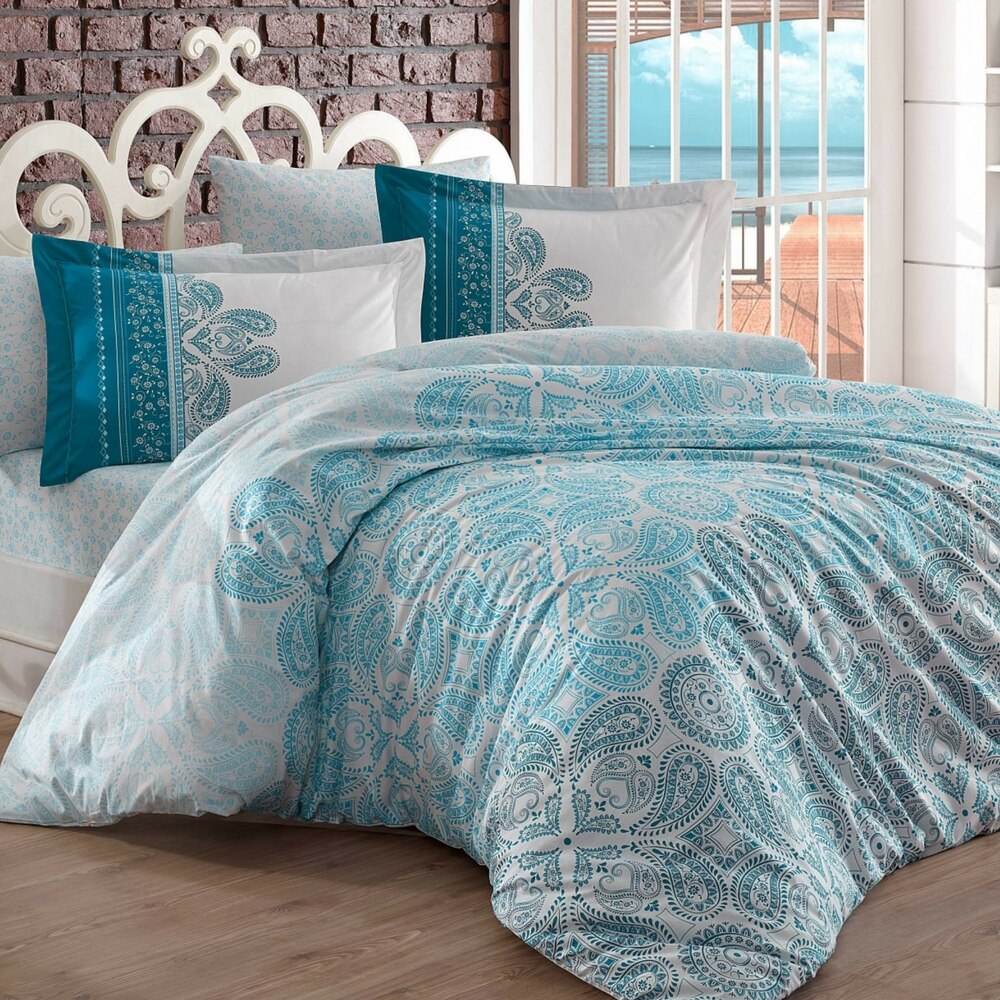 Lenjerie de pat bumbac Hobby IRENE TURQOAZ, lenjerie pat dublu, 4 piese, 200x220 / 50x70, 100% bumbac