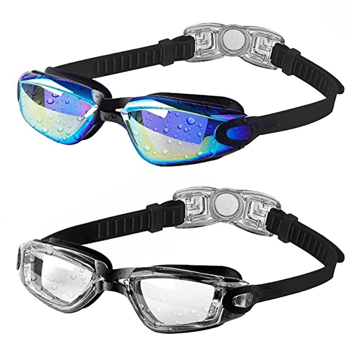 Комплект от 2 чифта очила за плуване, Vaxiuja, Силикон, Против мъгла, UV защита, Черни