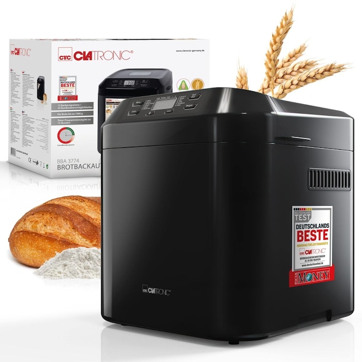 Masina de facut paine Clatronic, BBA3774, ideal si pentru gem sau prajituri, paine fara gluten, 12 programe, 3 grade de rumenire, gramaj 1500 g, display LCD, timer, functie mentinere la cald, accesorii incluse, negru